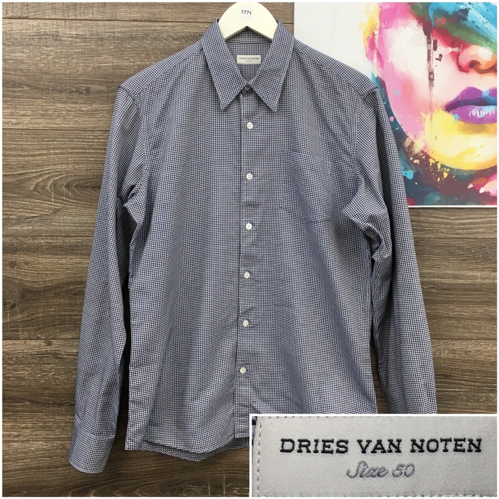 Dries Van Noten Mens Houndstooth Long Sleeve Button Shirt Blue White Size 50